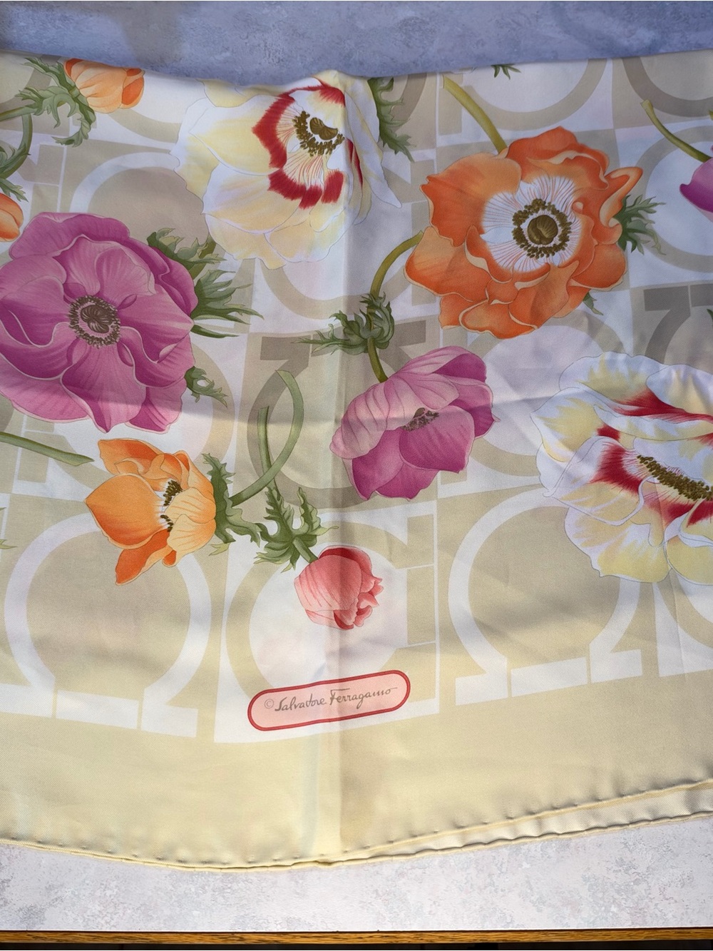 Salvatore Ferragamo Floral Silk Scarf in Pastel Yellow and Multicolor